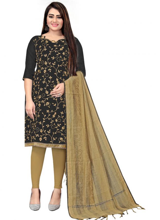 Chanderi Cotton Black Daily Wear Embroidery Work Churidar Suit